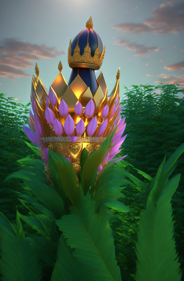 Fantastical gold, purple, and blue crown with hearts on green foliage against sunset sky