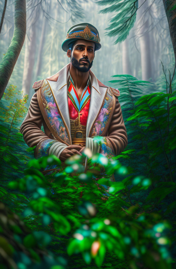 Regal man in ornate military uniform in misty forest with vibrant green foliage