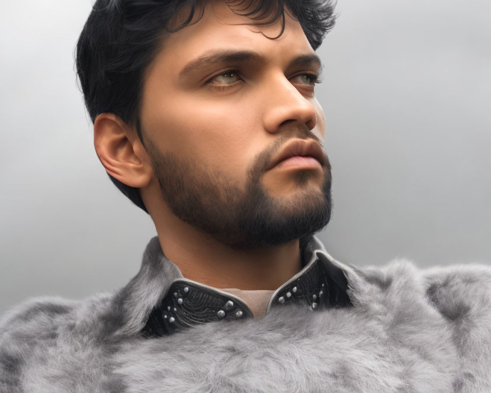 Portrait of man with dark hair and fur collar, under cloudy sky