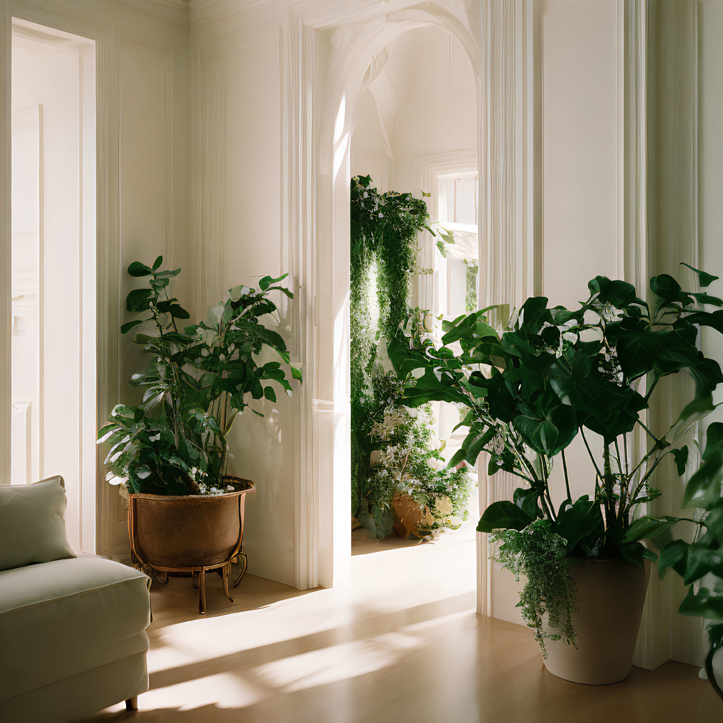Bright sunlit room with elegant white walls and arched doorway, showcasing lush indoor plants in various pots
