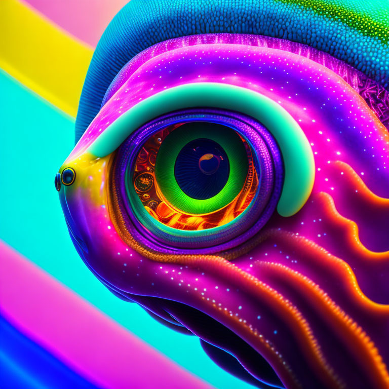 Colorful surreal creature with intricate eye on neon rainbow background