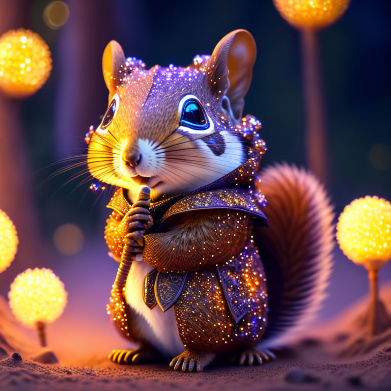 Illustration of Sparkling Squirrel with Glowing Orb in Twilight Scene