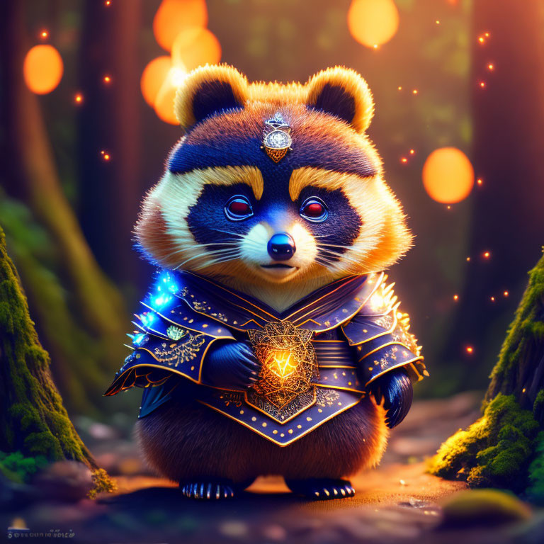 Fantasy illustration of anthropomorphic raccoon in ornate armor in enchanted forest