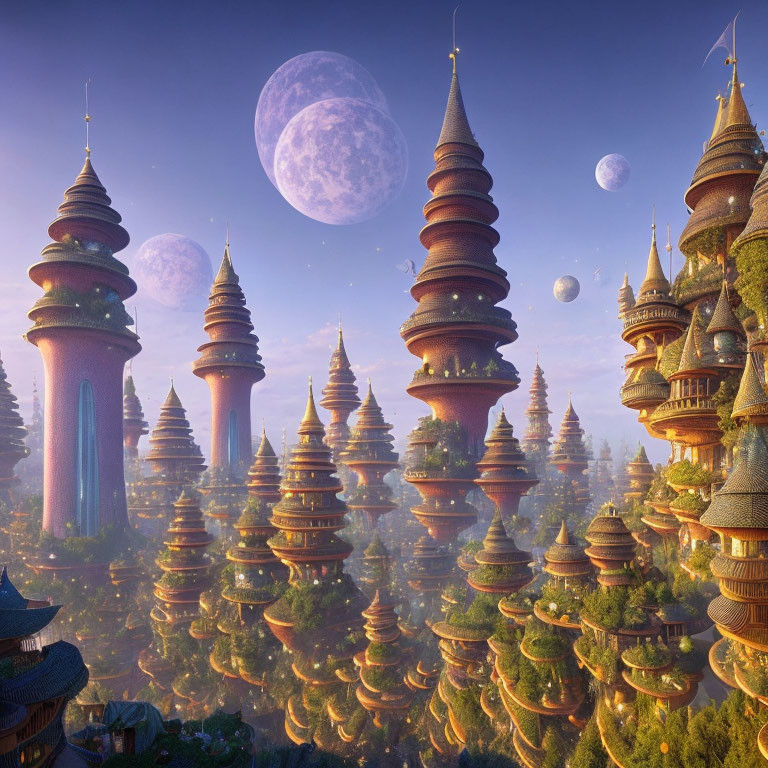 Fantasy landscape featuring spire-like buildings, trees, and multiple moons