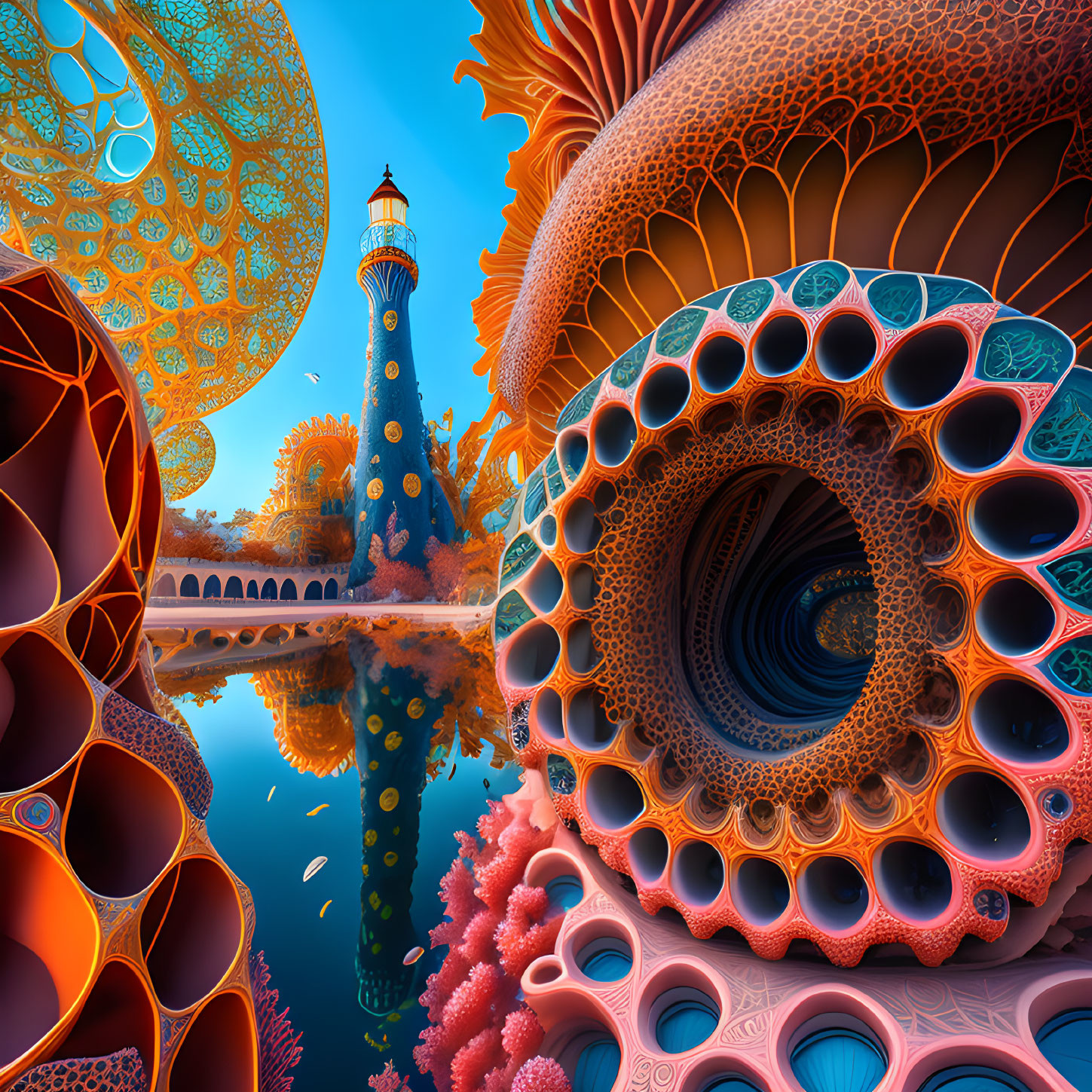 Colorful surreal landscape with fractal patterns, lighthouse, and intricate shapes.