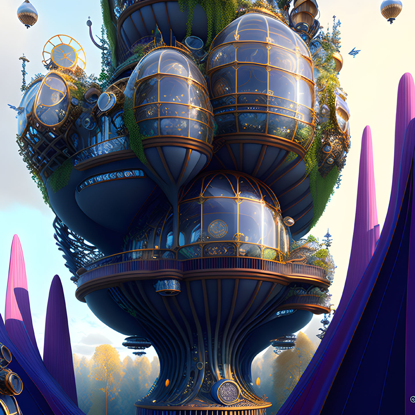 Steampunk city with metallic structures, glass domes, gears, and lush greenery above surreal