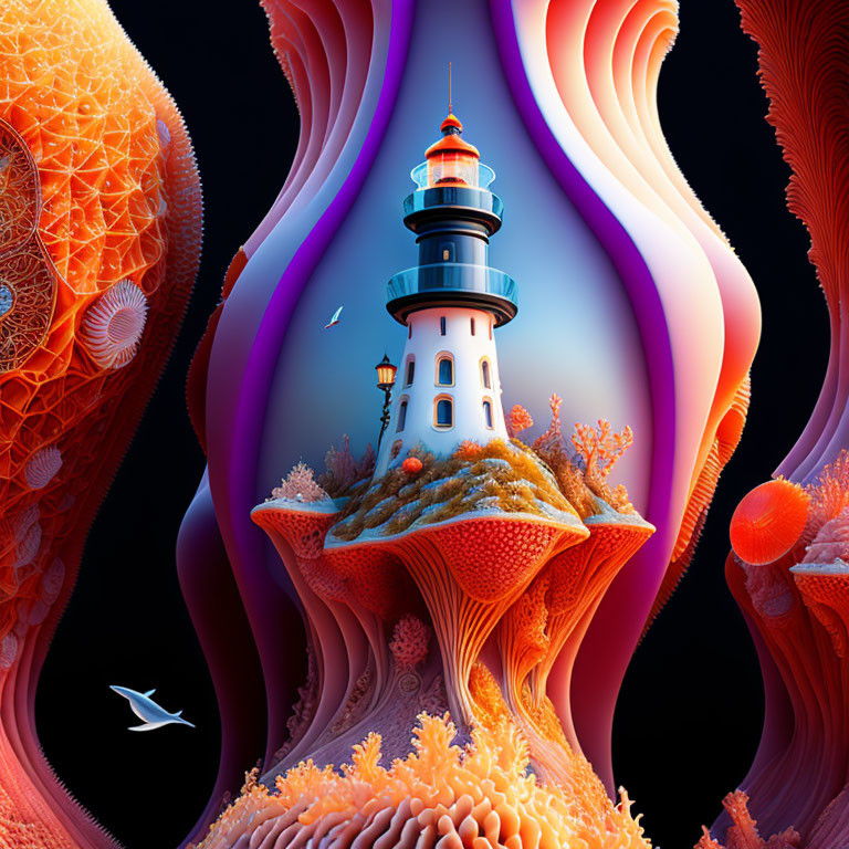 Colorful digital artwork of lighthouse on coral with sea elements