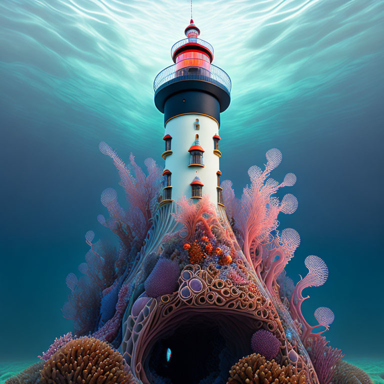 Fantastical lighthouse in vibrant coral-like setting under radiant sky