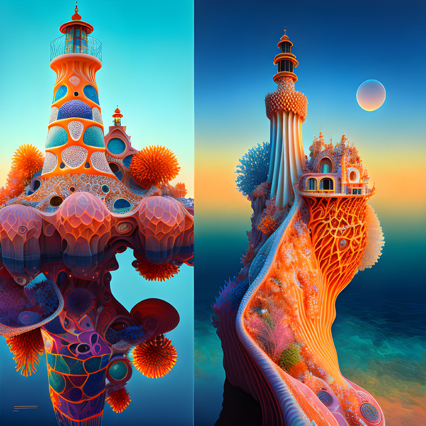 Fantastical coral-like towers in vibrant digital artwork