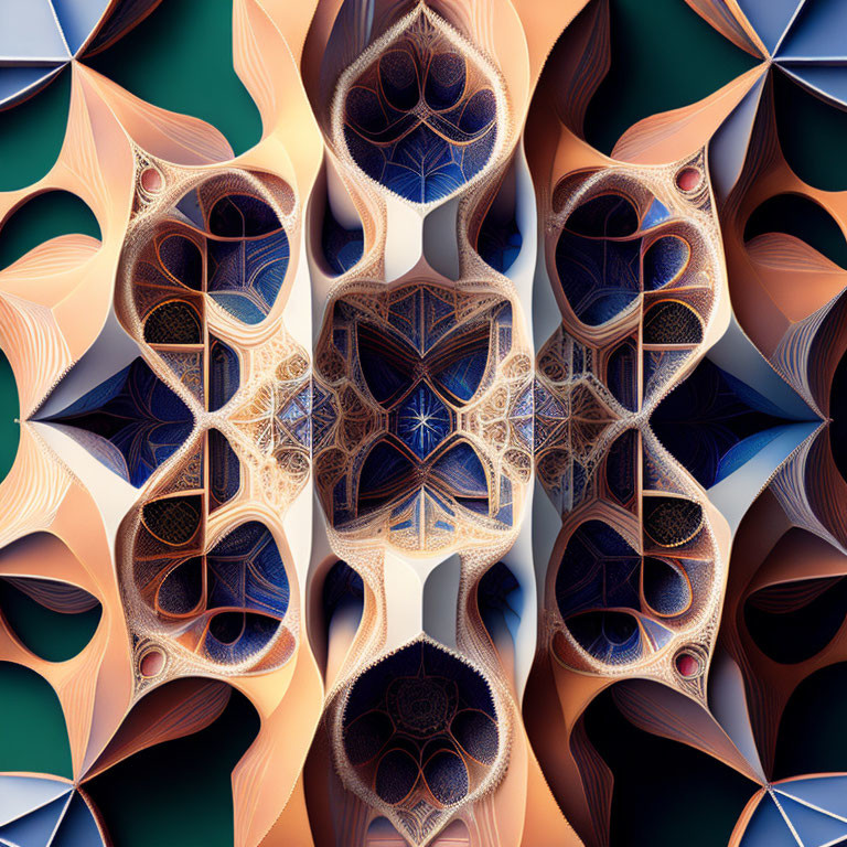 Symmetrical geometric fractal art in warm and cool tones