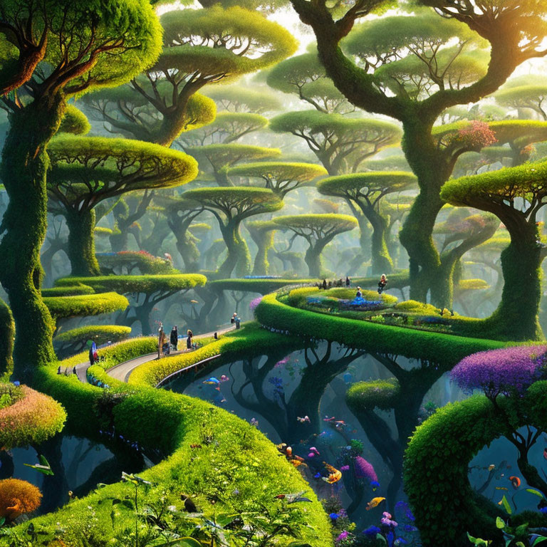 Fantastical forest with oversized mushroom-like trees and tiny human figures.