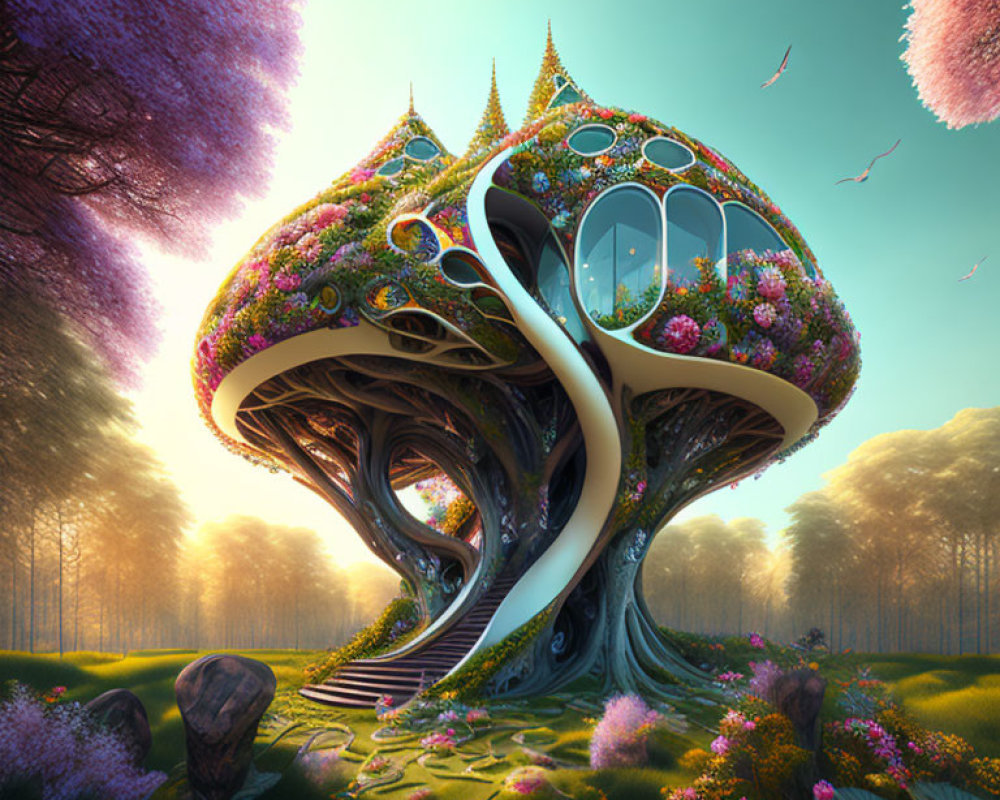 Enchanted forest clearing with mushroom-shaped house