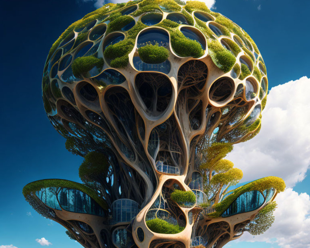 Organic futuristic tree structure with greenery under blue sky