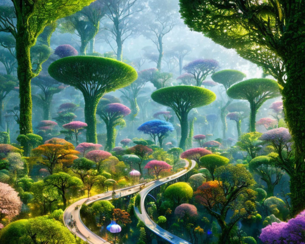 Fantastical forest with oversized trees, colorful foliage, winding road, and floating creatures