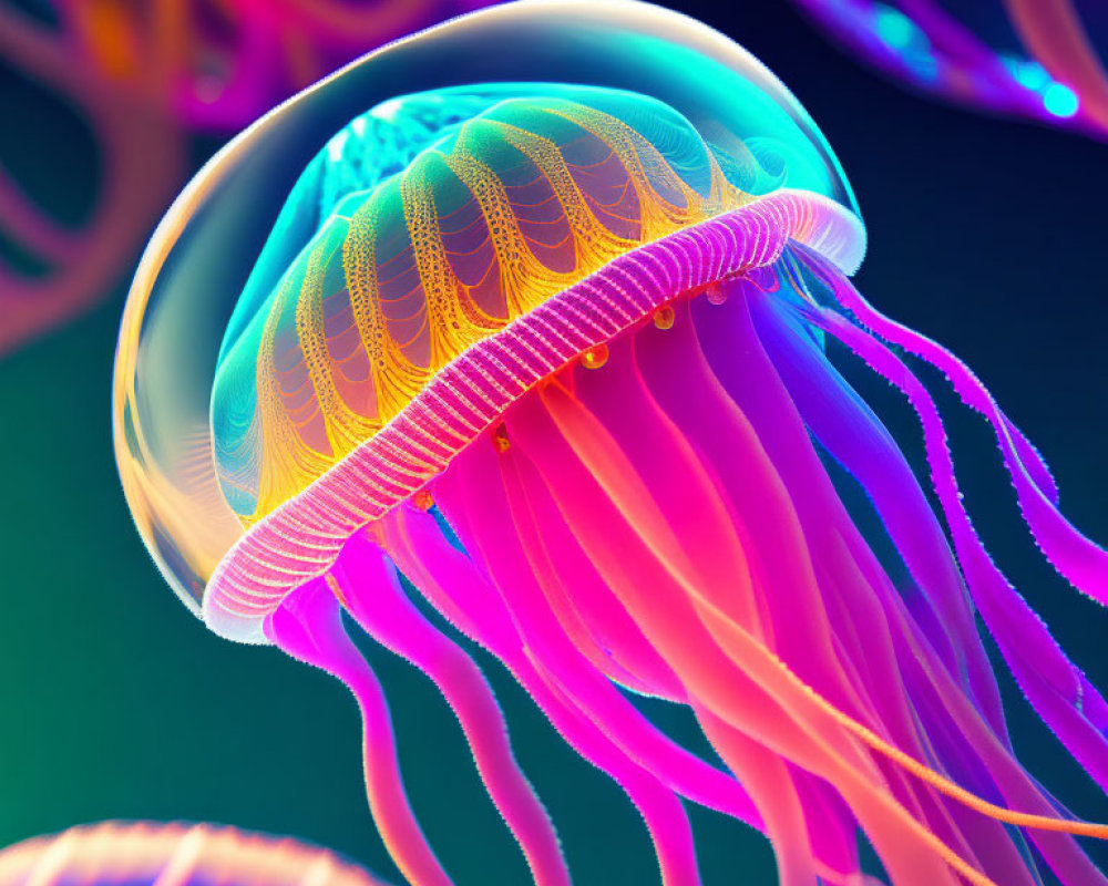 Bioluminescent jellyfish with glowing tentacles on dark, colorful background
