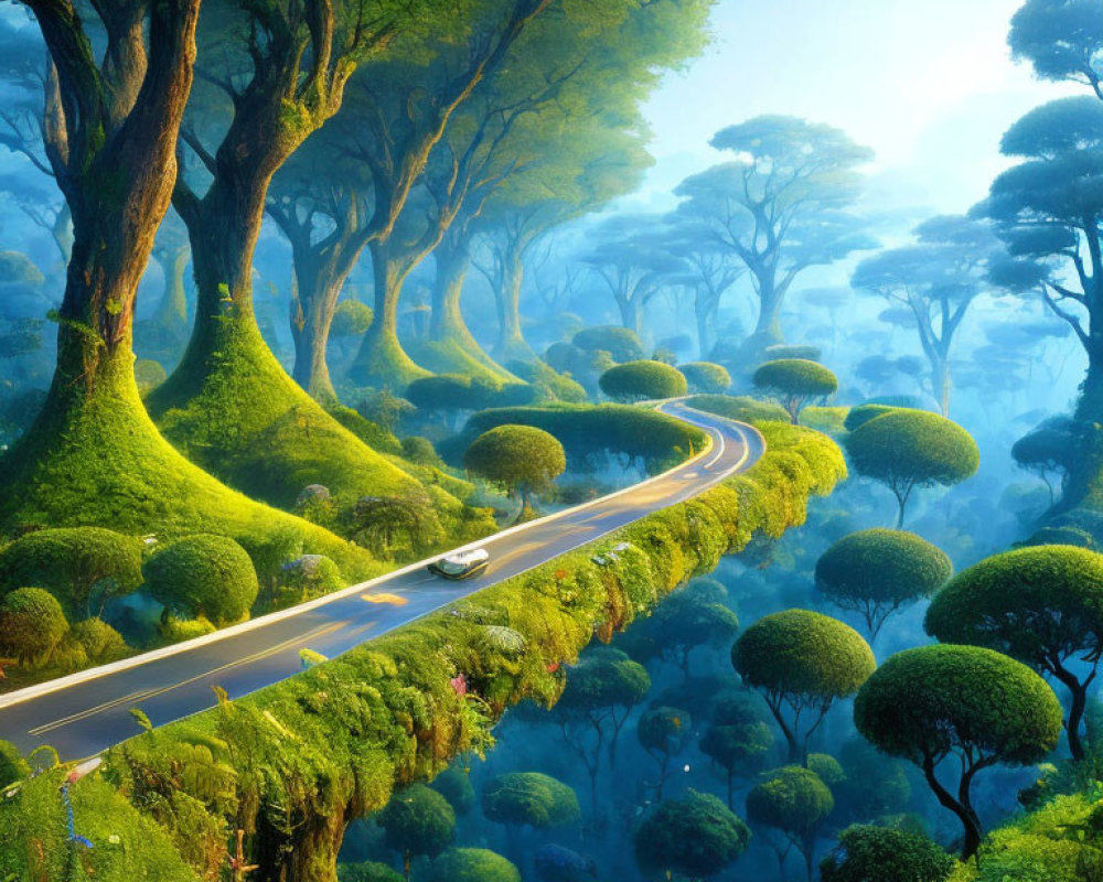 Scenic winding road through lush forest with vibrant foliage