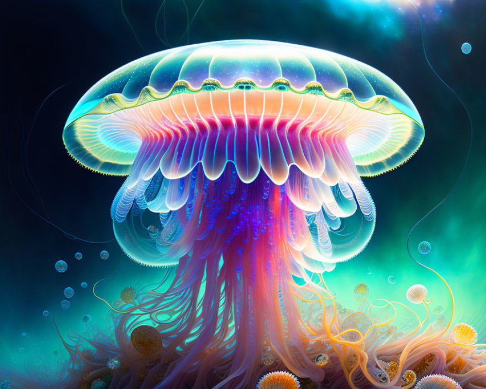 Vibrant digital artwork: Jellyfish with luminous, translucent tentacles in glowing underwater scene