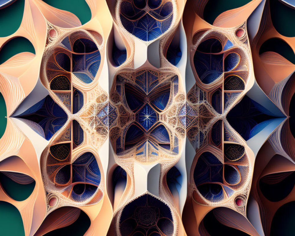 Symmetrical geometric fractal art in warm and cool tones