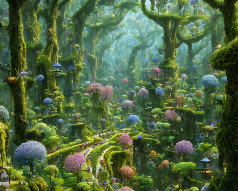 Vibrant oversized mushrooms in enchanted forest with winding paths