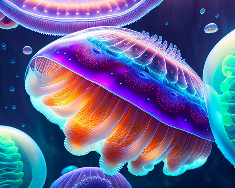 Colorful Jellyfish Artwork in Deep Blue Ocean