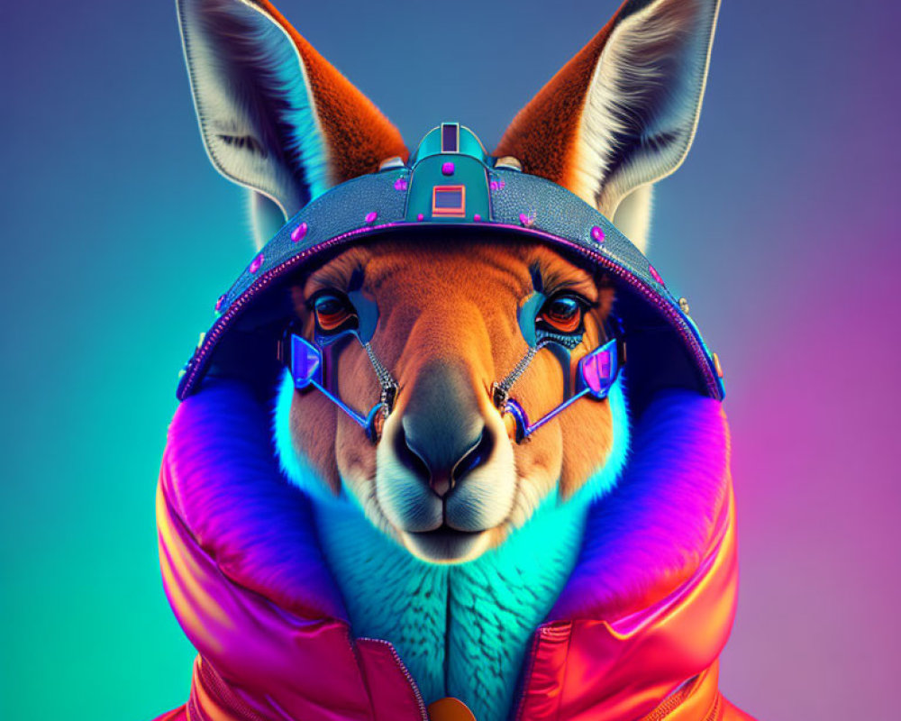 Colorful llama in futuristic attire against gradient backdrop