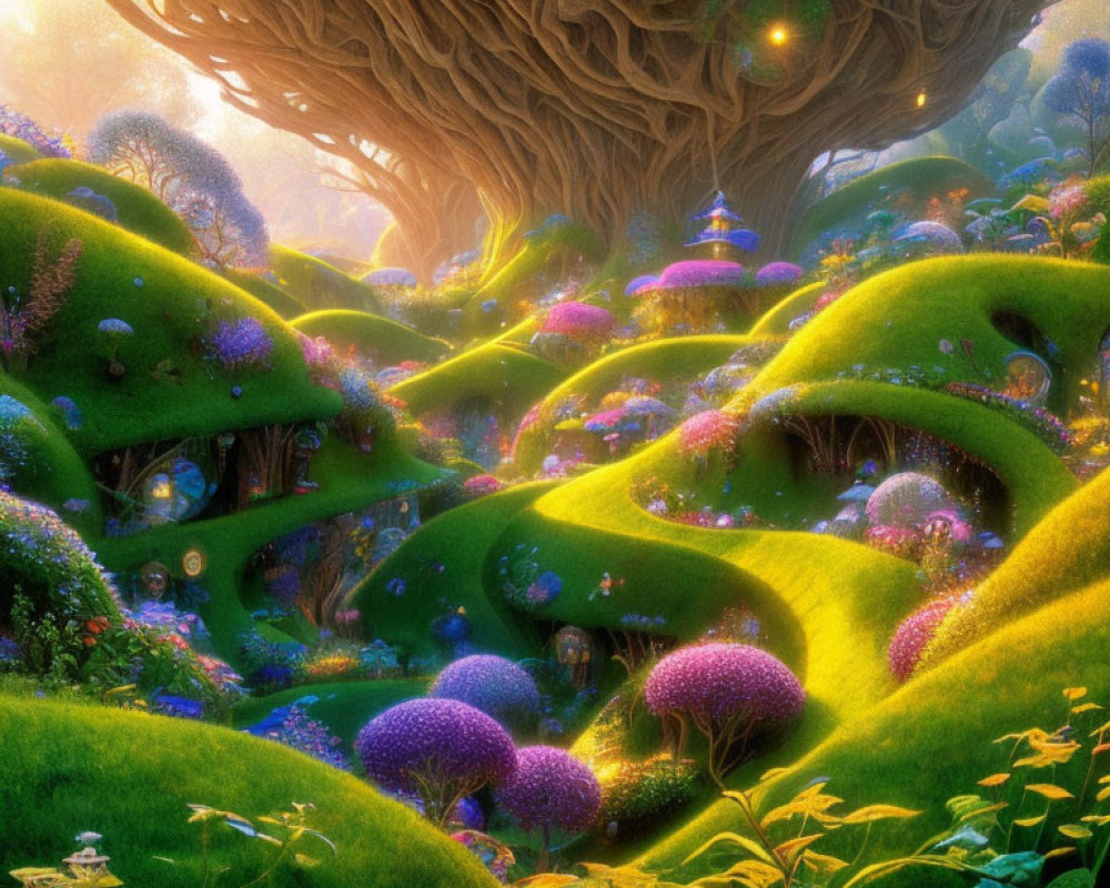 Vibrant fantasy landscape with giant illuminated tree