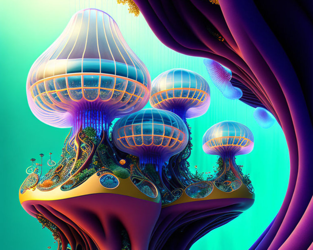 Surreal mushroom-like structures with jellyfish features on aqua and purple background