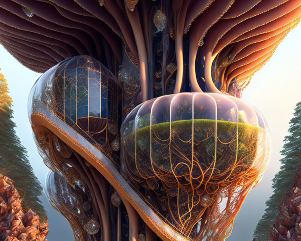 Intricate futuristic tree-like structure with spherical pods in forest setting