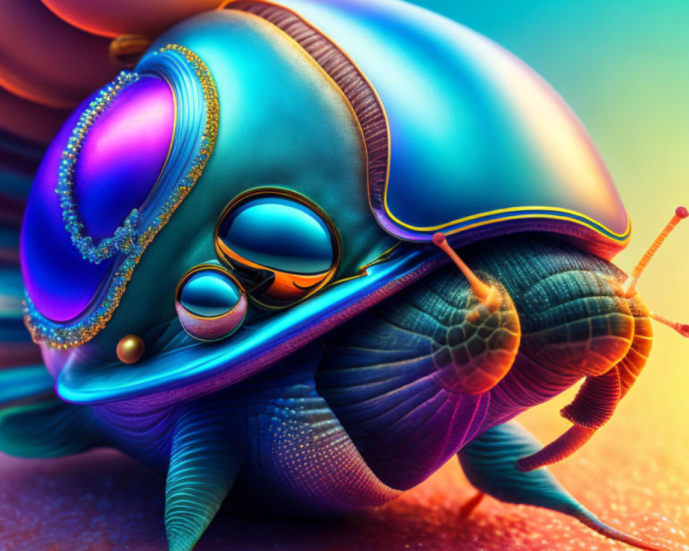 Vibrant surreal snail with iridescent shell on pastel background
