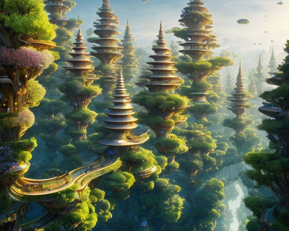 Fantastical landscape with pagoda-like structures and airships in the sky