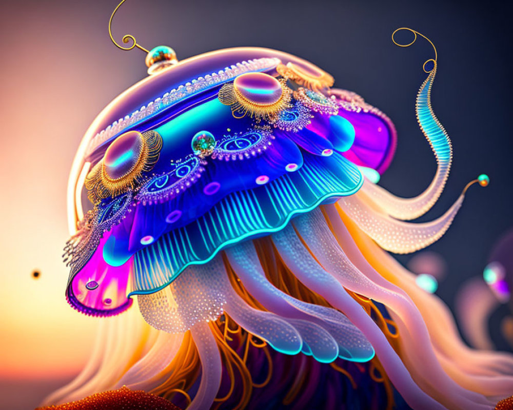 Colorful surreal jellyfish illustration with intricate patterns and glowing orbs.