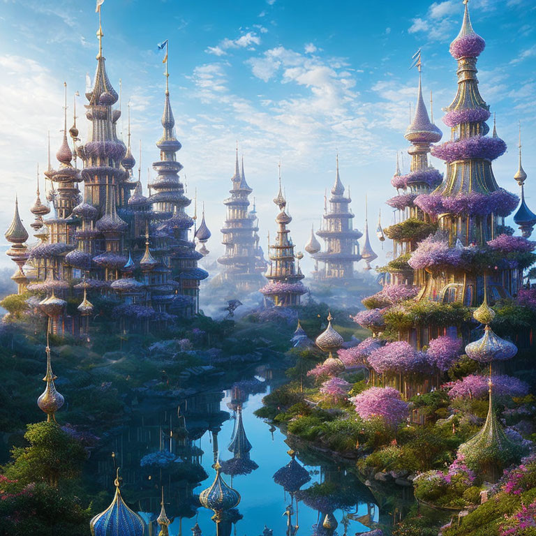 Fantastical landscape with ornate spires and serene water body
