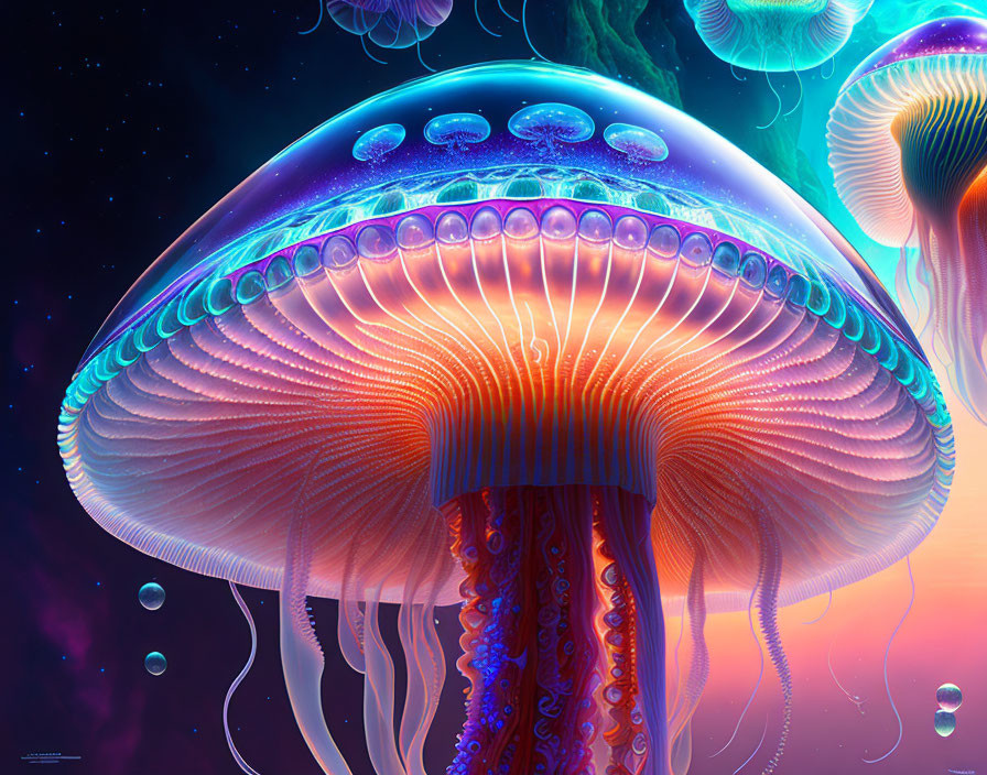 Colorful digital art: luminescent jellyfish in deep-sea setting