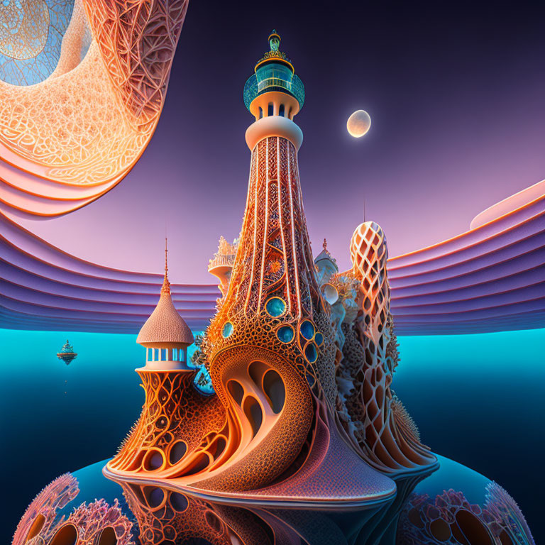Fractal-inspired towers and arches in pastel colors on surreal landscape.