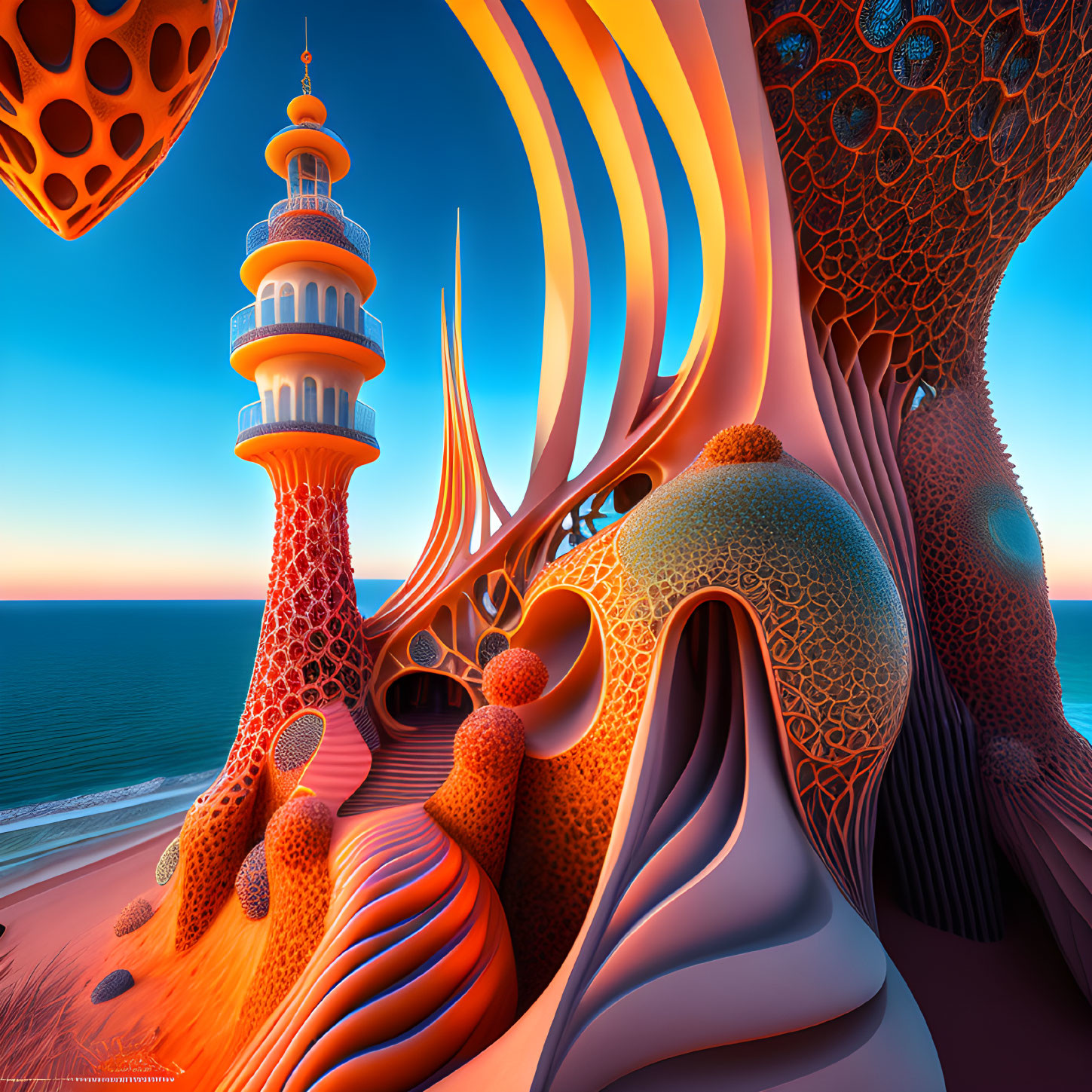 Vibrant surreal landscape with alien structures and sunset sky