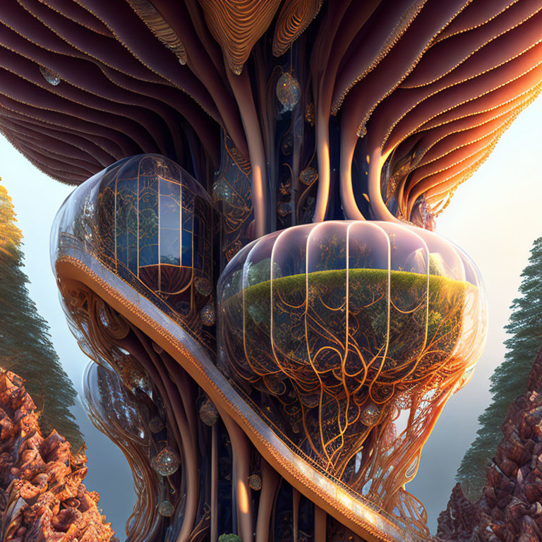 Intricate futuristic tree-like structure with spherical pods in forest setting