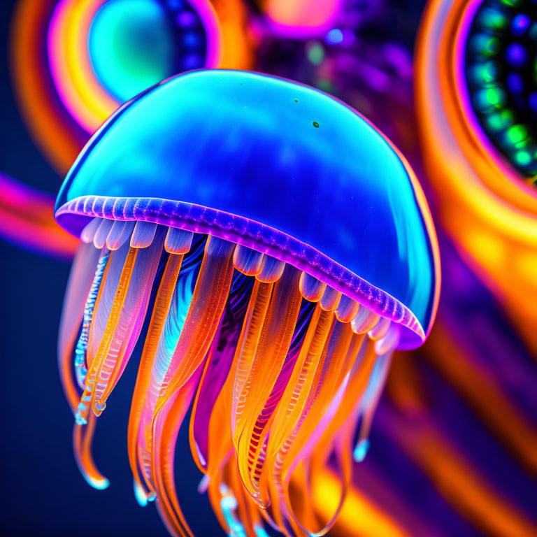 Colorful Jellyfish with Neon-like Hues on Glowing Patterns