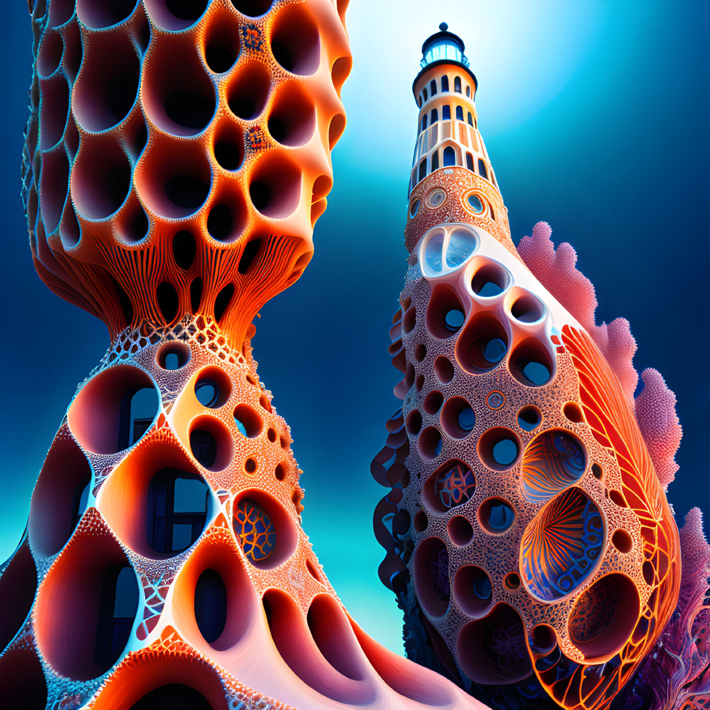 Surreal digital artwork of lighthouse and coral-like structures