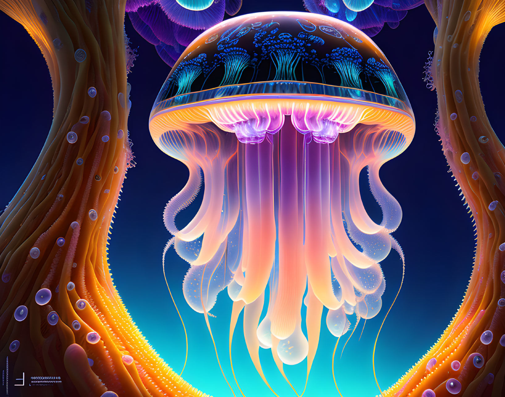 Colorful digital artwork of glowing jellyfish in dark sea