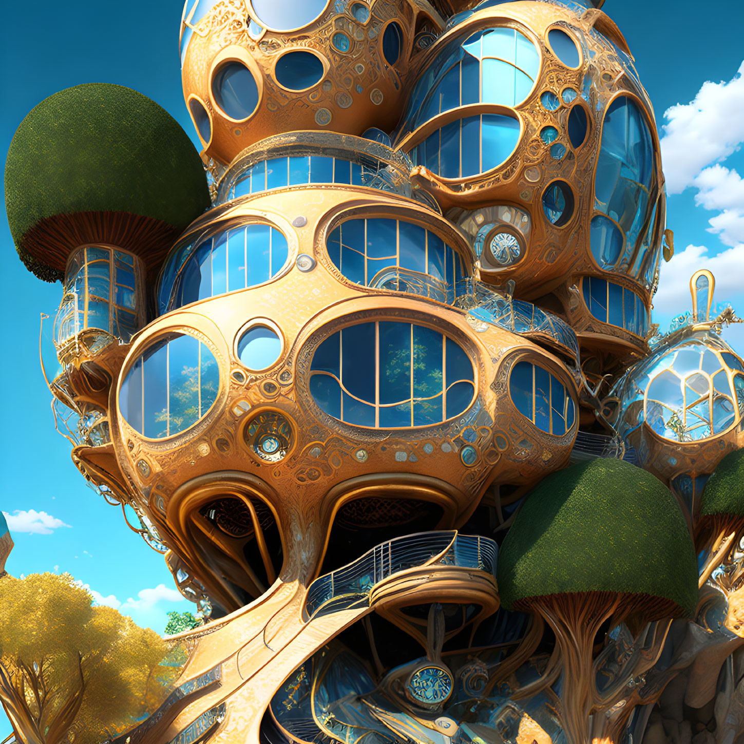 Futuristic treehouse with spherical rooms and large windows