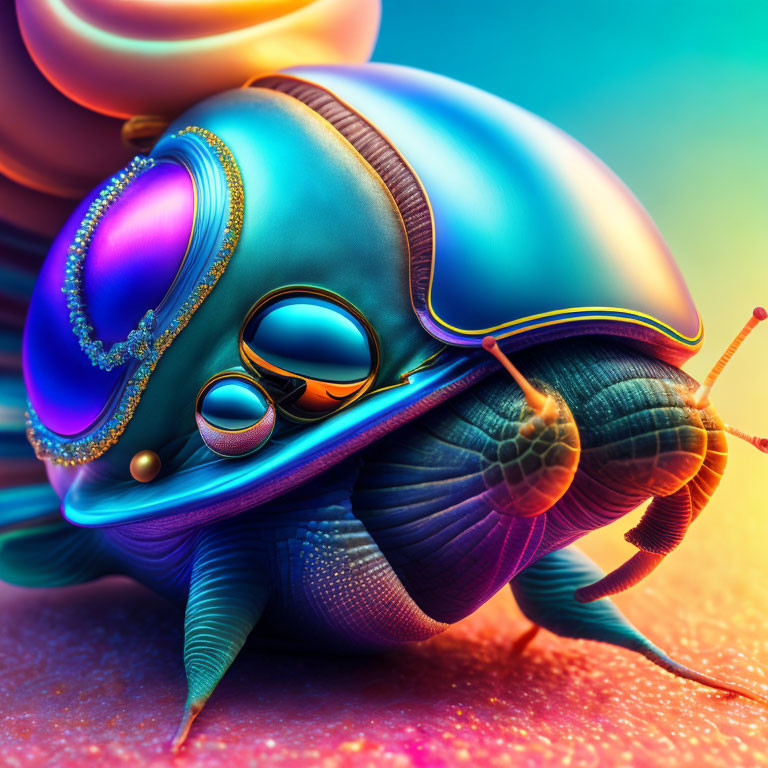 Vibrant surreal snail with iridescent shell on pastel background