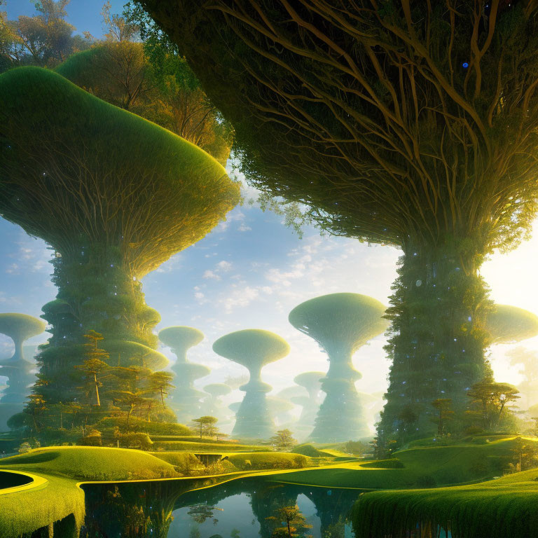 Fantastical landscape with towering mushroom-shaped trees and reflective water body