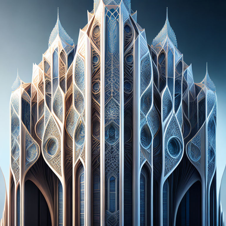 Futuristic cathedral with intricate Gothic and modern design on blue sky