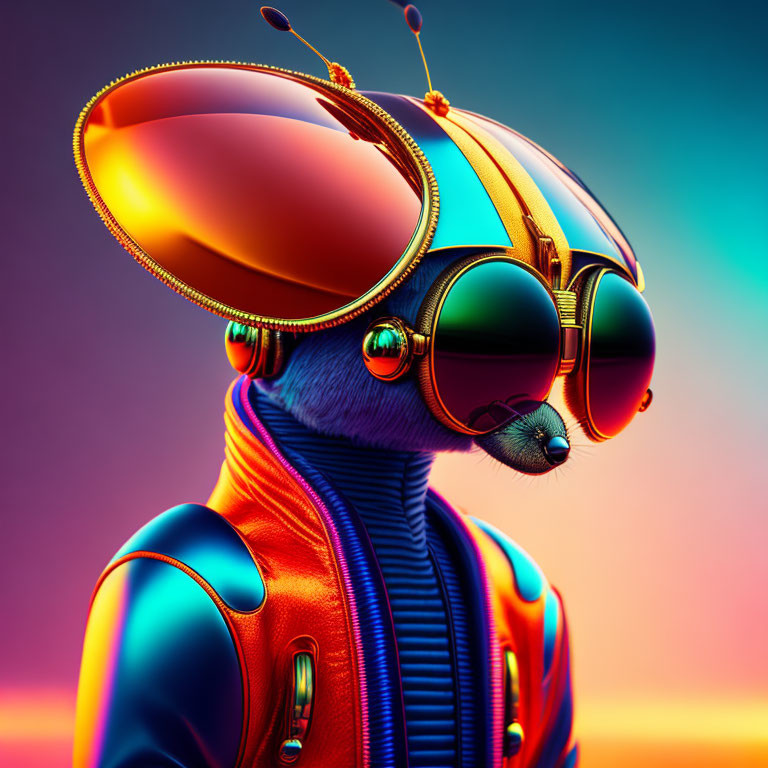 Colorful 3D illustration of anthropomorphic insect in futuristic suit
