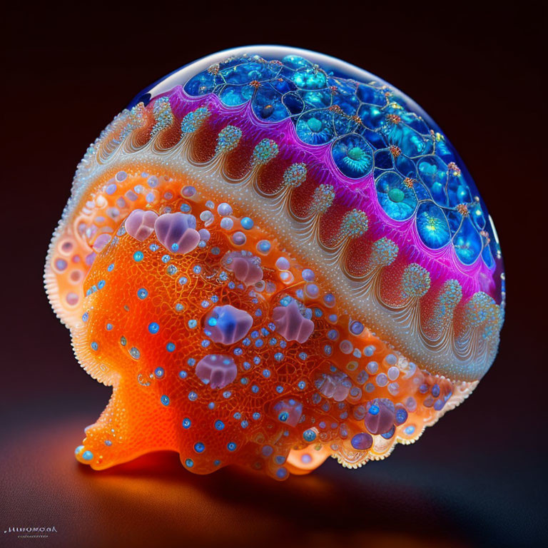 Colorful Orange Sea Creature with Blue Bubbles and Lace Patterns on Dark Background