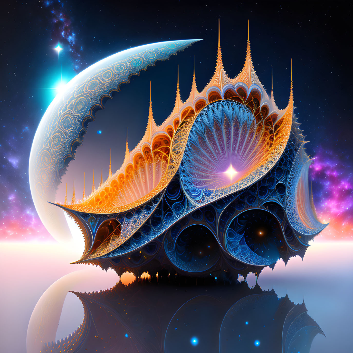 Colorful Fractal Art: Intricate Structure with Spires, Stars, and Moon