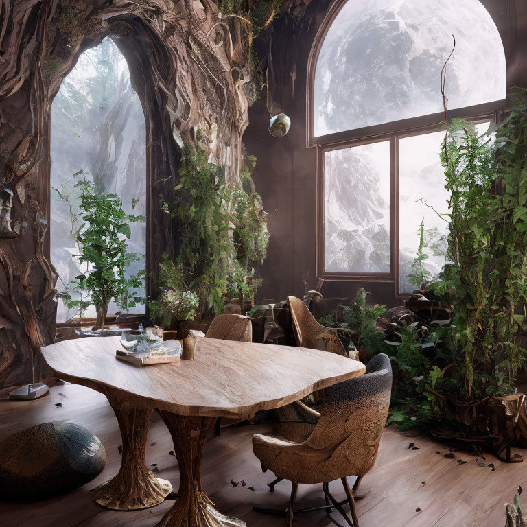 Cozy indoor space with wooden table, plush chairs, greenery, mountain view at night