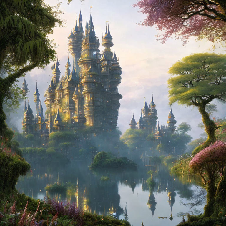 Majestic castle with spires in lush forest by serene lake