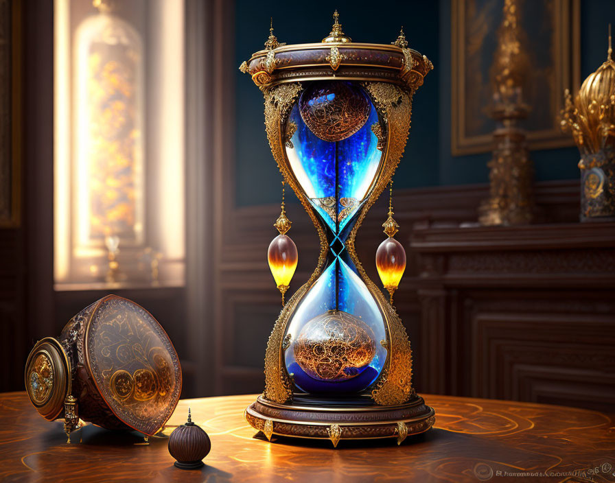 Opulent room with glowing blue sand hourglass