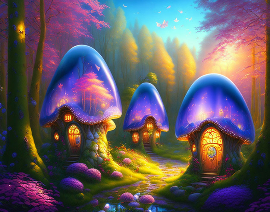 Enchanting forest scene with mushroom-shaped houses under starry sky